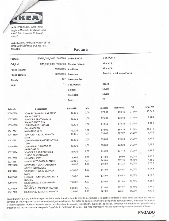 Example IKEA invoice document