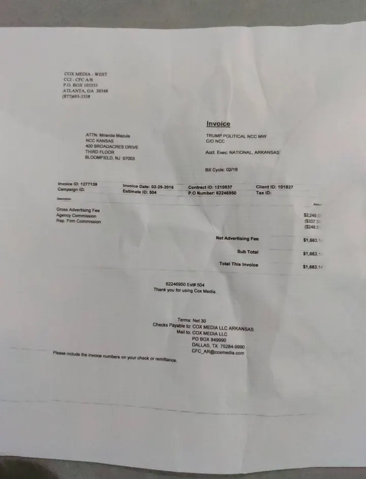 Example media services invoice document
